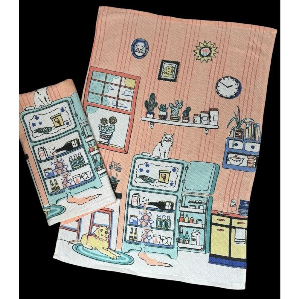 Deborah Connolly Kitchen Towel Set 2 Waffle Dog Cat Refrigerator Wine Friends